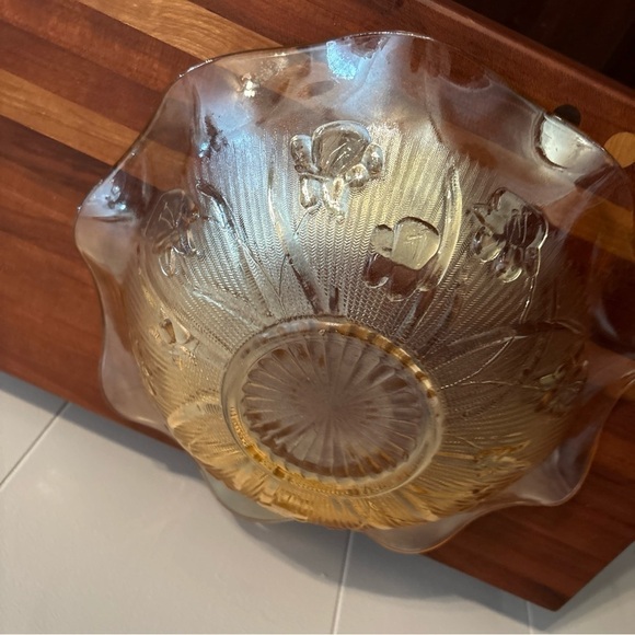 JEANETTE GLASS IRIS PATTERN IRIDESCENT FLORA-GOLD 11.5” BOWL - Picture 2 of 10